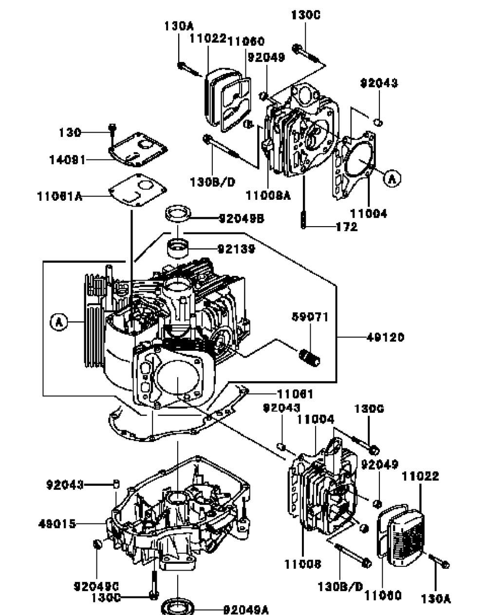 Kawasaki Fh381v-Cs23 Cylinder And Crankcase Diagram and Parts List for G1332 55AI5GMQ050-WAM Cub Cadet Lawn Mower